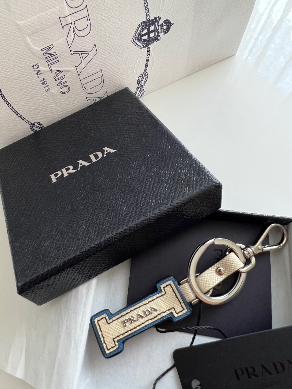Prada Keychain Letter I Saffiano Leather Blue Ivory Logo Metal Closure Split Key